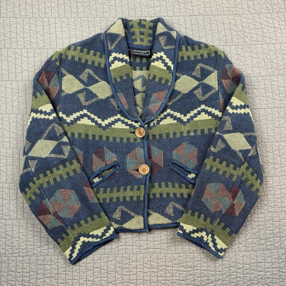 Vintage Nostalgia Tapestry Blazer Jacket Women Large‎ Geometric Cropped Woven